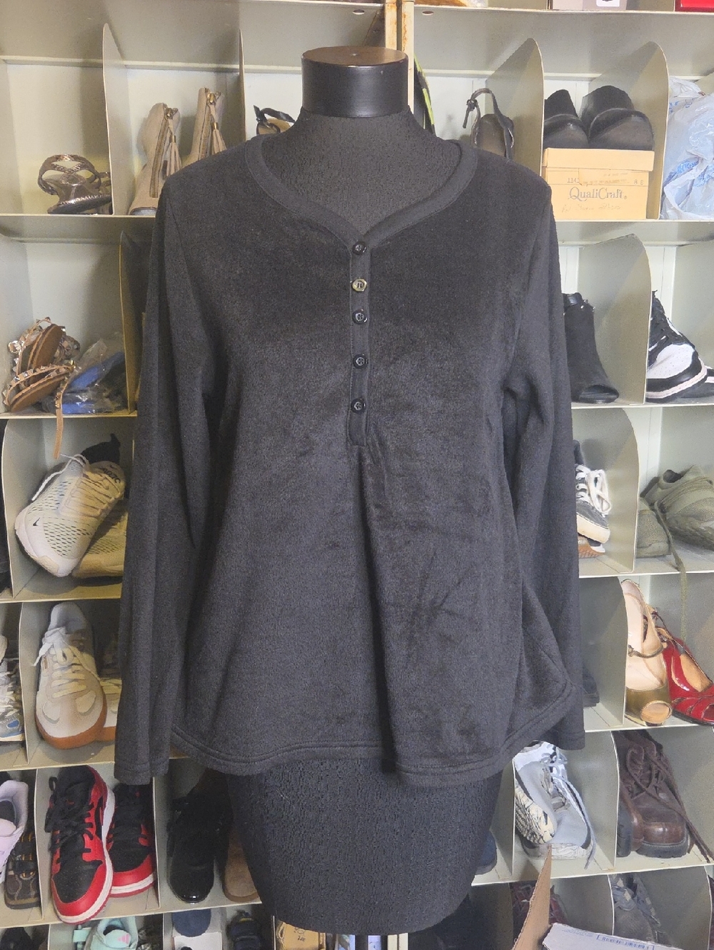 Just Love Black Button-Front Long-Sleeve Fuzzy Henley Sweatshirt